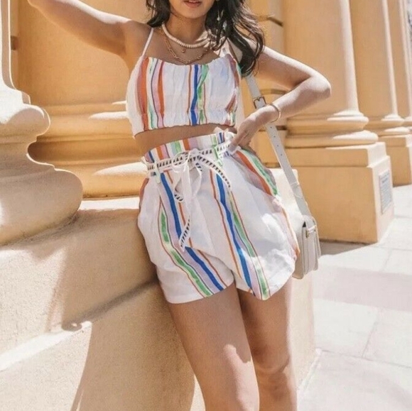 Lemlem x H&M Set Lyocell Striped Belted Shorts & Matching Cropped Top Size Small - Picture 1 of 16